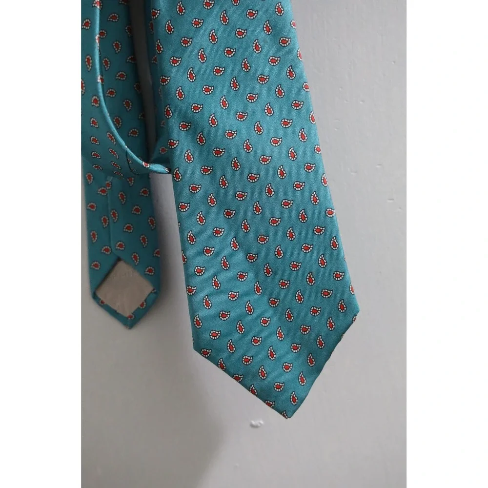 Christian Dior Mens Silk Necktie Teal Green Red White Micro Paisley Logo Lining